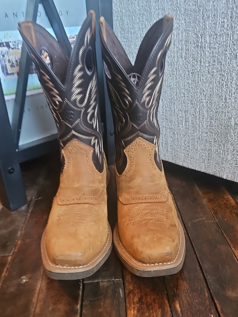 Ariat Tan Suede Foot with Dark Brown Embroidered Shaft Cowboy Boots
